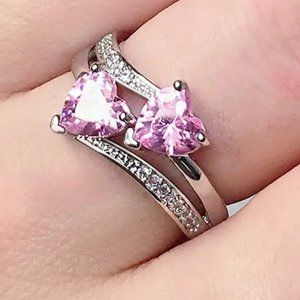 Double Heart ring for women  sz 6 silver metal band pink stones  ...  r17